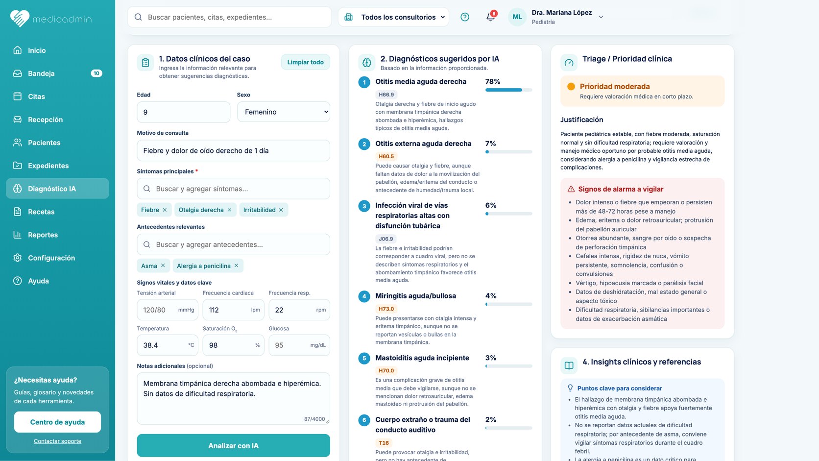 Diagnóstico con IA en MedicAdmin: diagnósticos sugeridos con CIE-10, prioridad clínica y signos de alarma