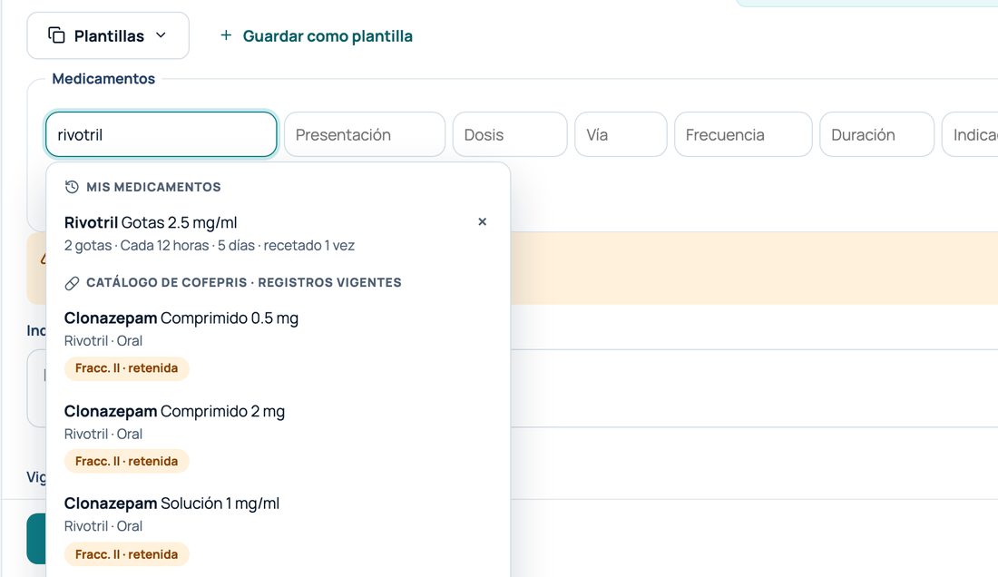 Buscador de medicamentos en la receta: al escribir la marca sugiere el genérico con su presentación y tipo de receta