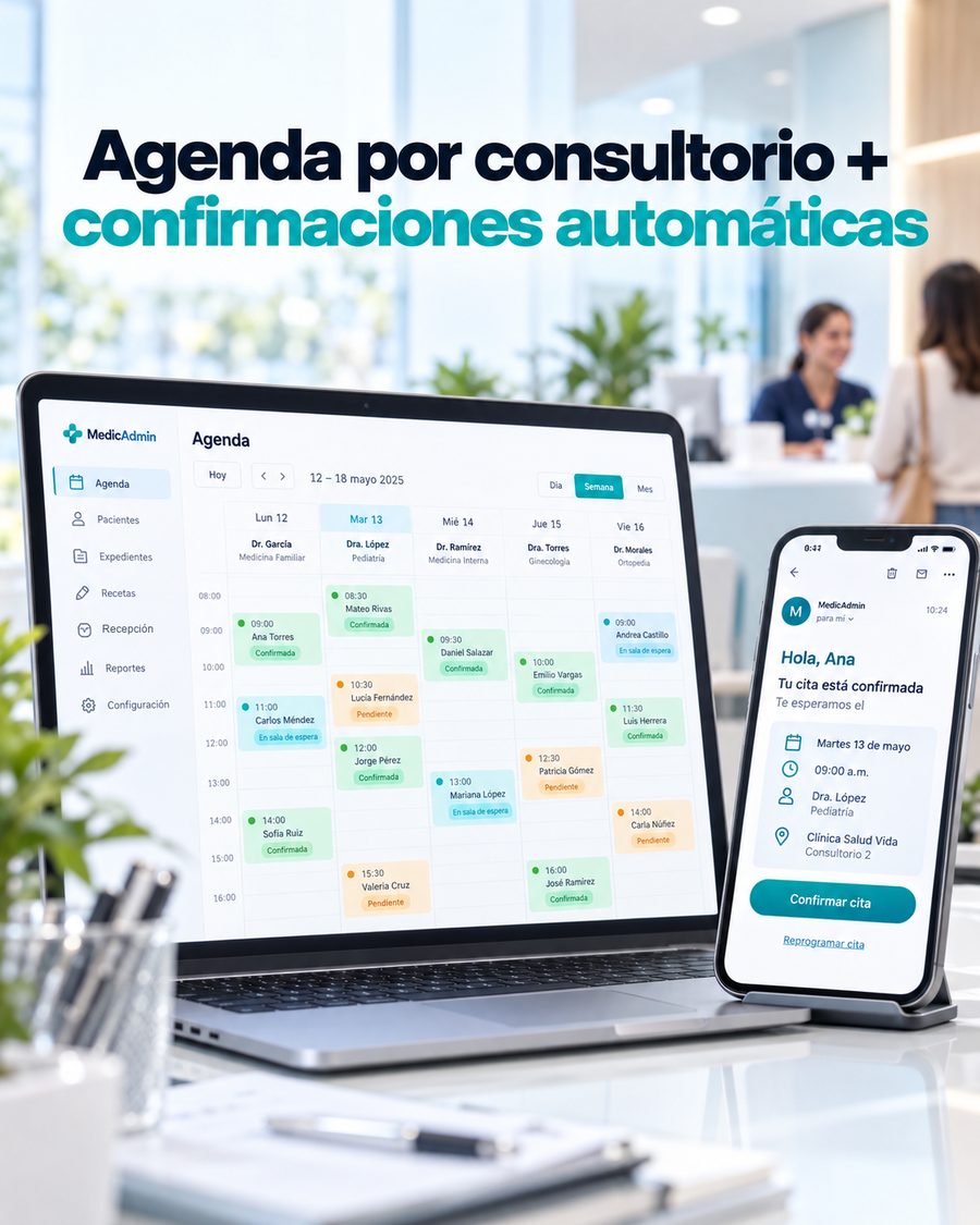 Agenda semanal de MedicAdmin con citas por consultorio y confirmaciones