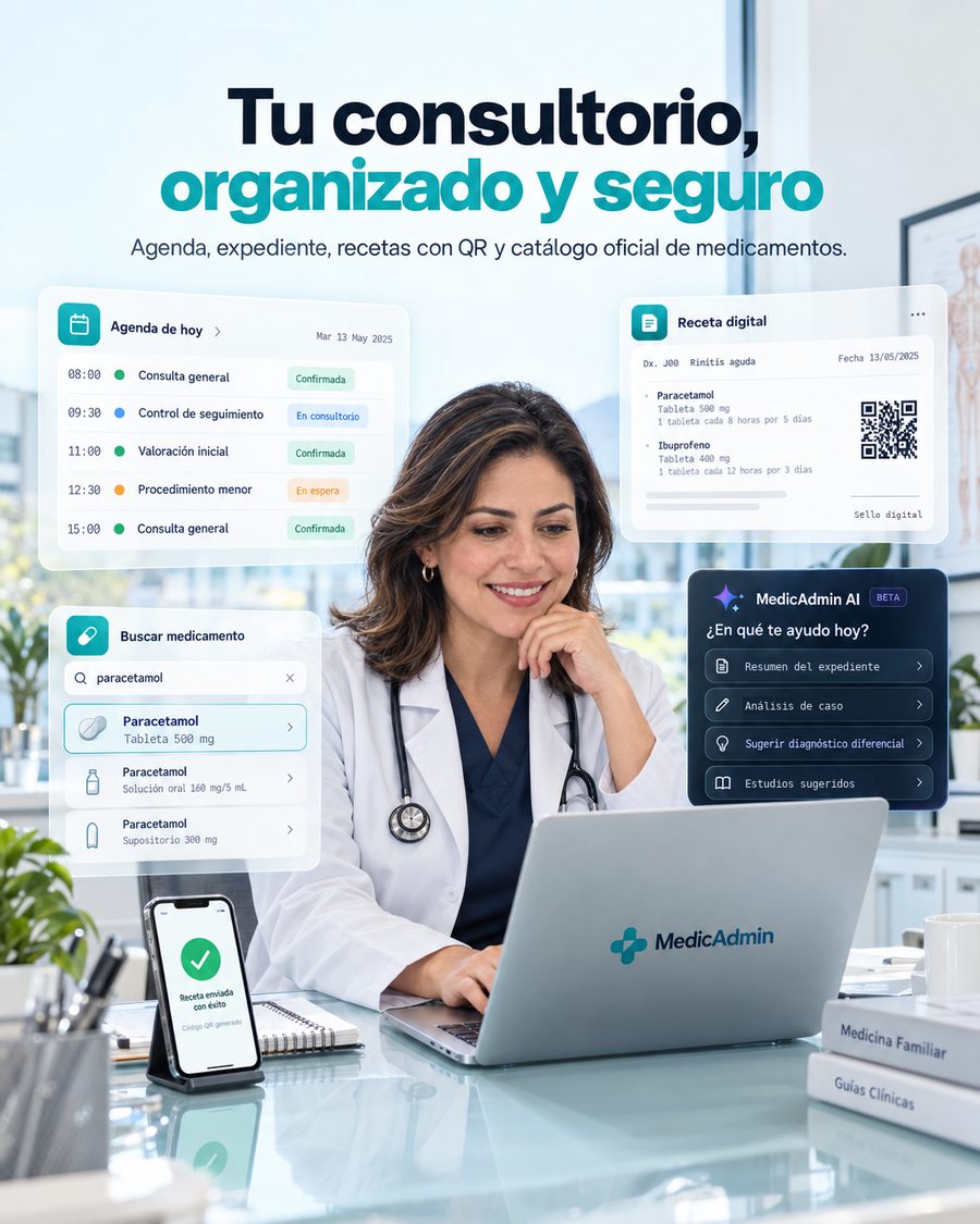Doctora en su consultorio con MedicAdmin: agenda del día, receta con QR, buscador de medicamentos y asistente de IA