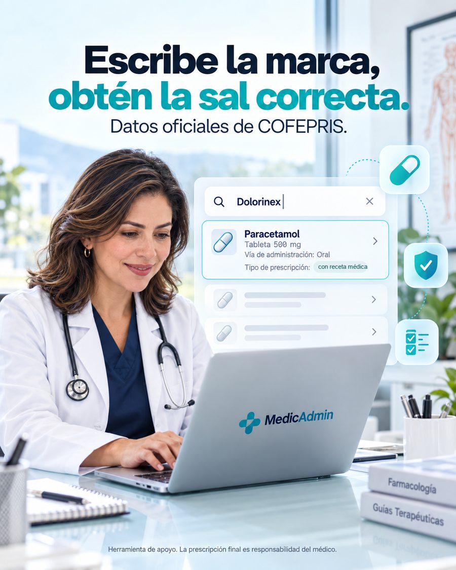 Buscador de medicamentos de MedicAdmin: se escribe la marca y aparece la sustancia activa con datos de COFEPRIS