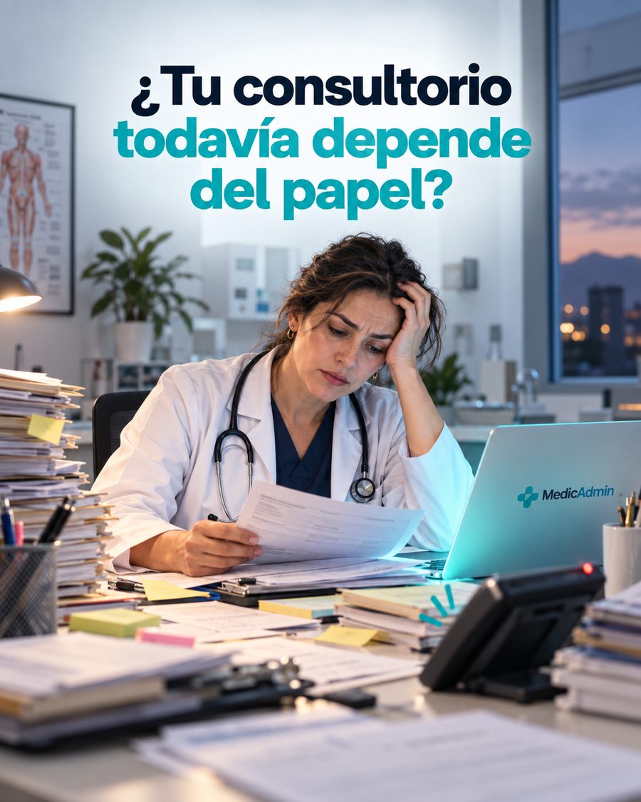 Escritorio de consultorio lleno de expedientes en papel y una agenda de citas a mano