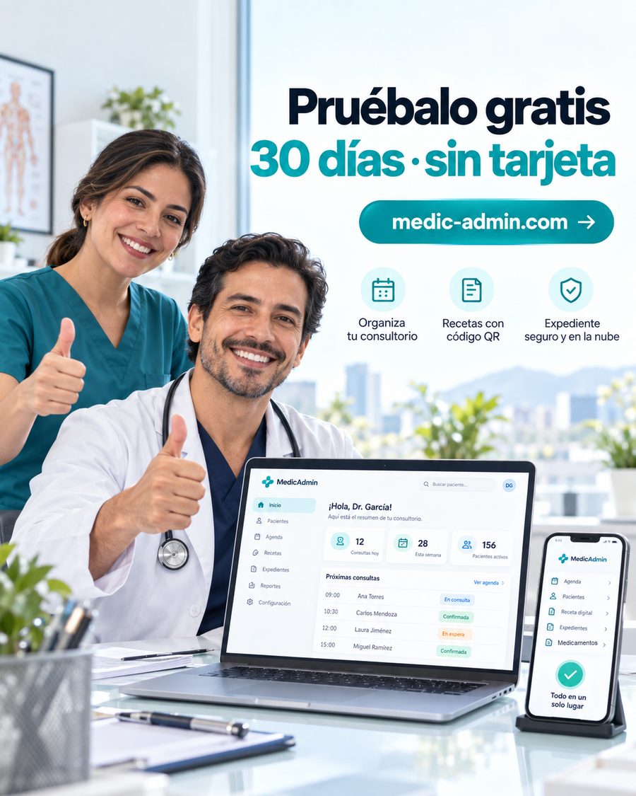 Dos médicos con MedicAdmin en laptop y celular: pruébalo gratis sin tarjeta
