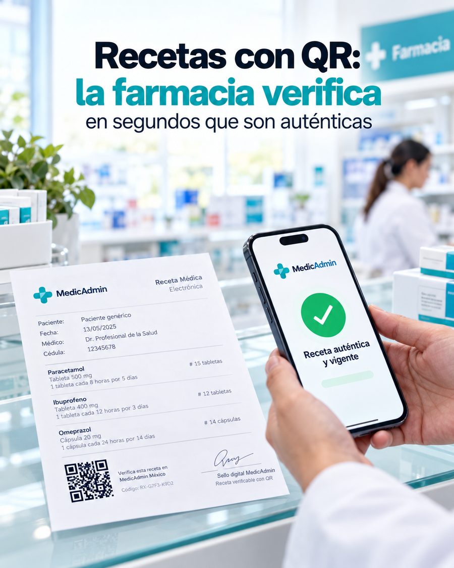 Farmacéutica escaneando con su celular el código QR de una receta de MedicAdmin