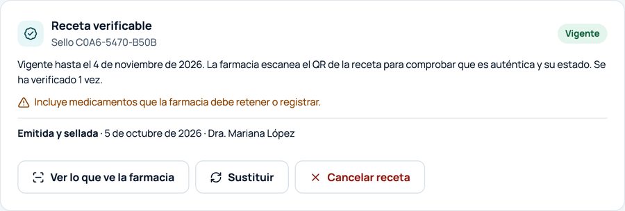Estado de la receta en MedicAdmin: vigente, sello y acciones de cancelar o sustituir