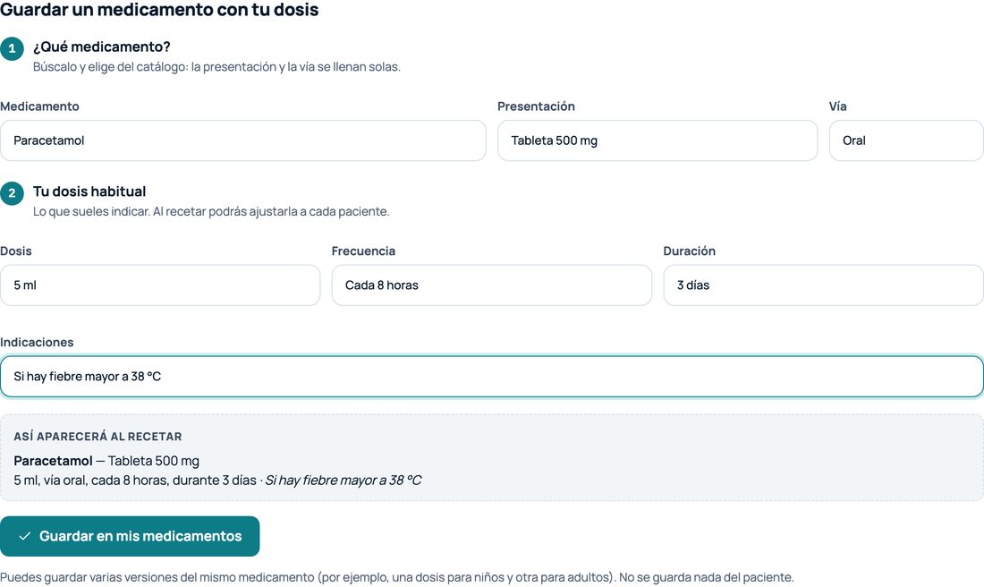 Mis medicamentos: guardar un medicamento con la dosis habitual y vista previa