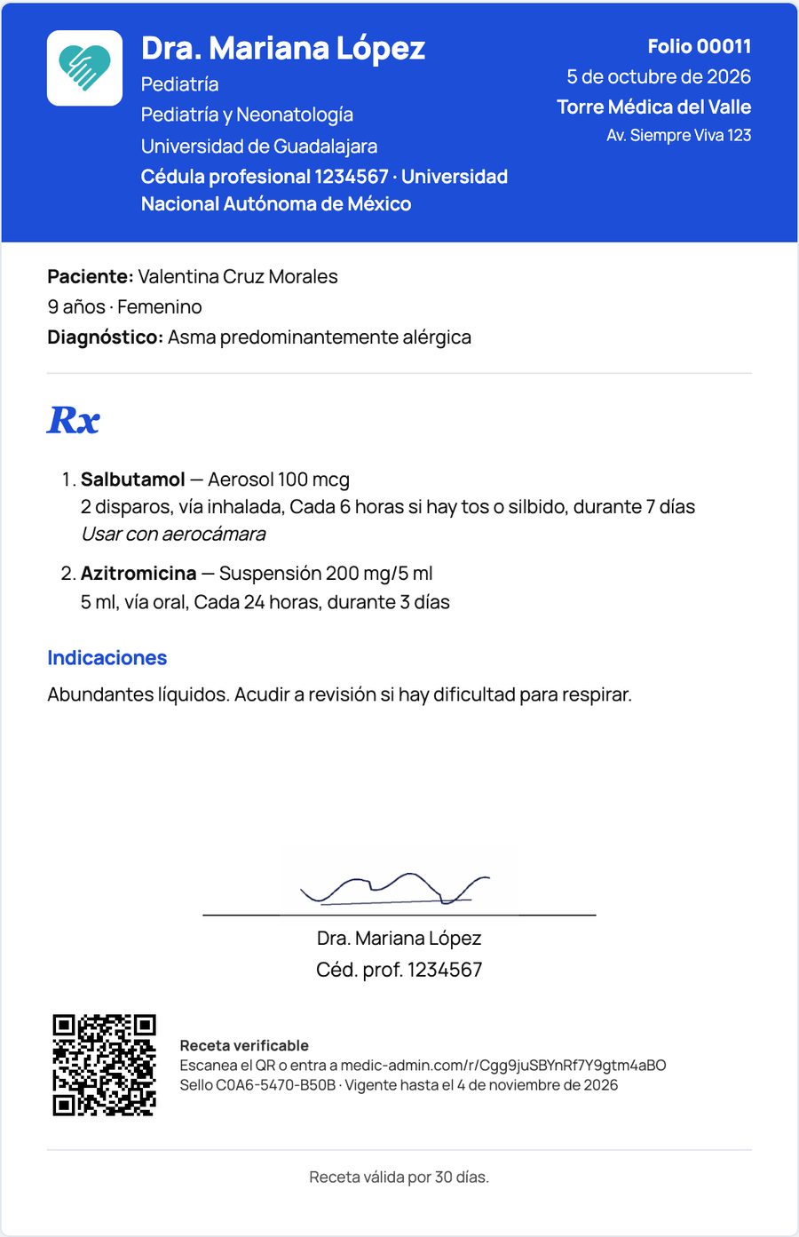 Receta médica de MedicAdmin con folio, firma y código QR de verificación